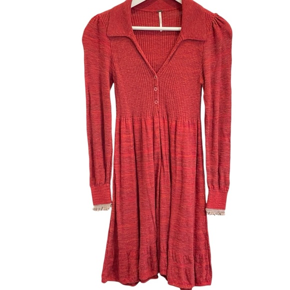 Free People Red Rain or Shine Knit Mini Dress Size Small Collared Sweater - Picture 2 of 11
